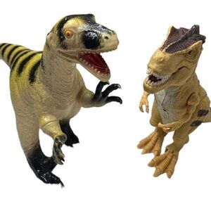 Dinosaur 2 Toy Dinosaurs 1 Rubber T-Rex & 1 Plastic Velociraptor stands 16”